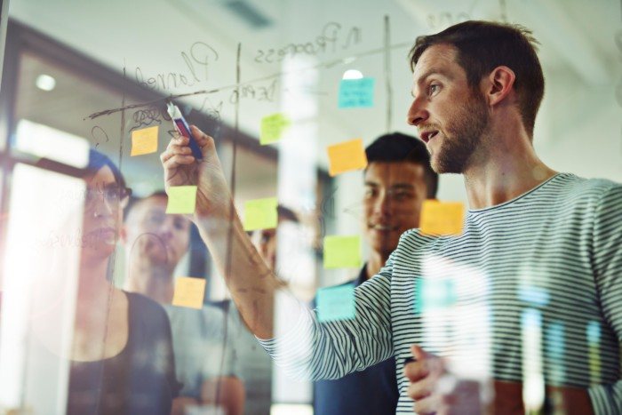 coworkers using sticky notes on a glass wall during a meeting