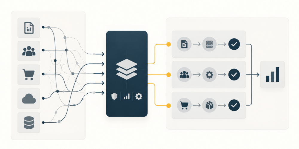 Individual system connections become a governed integration environment and coherent business processes.